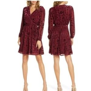 Fraiche by J Velvet Burnout Long Sleeve Faux Wrap Dress Anny Burgundy
